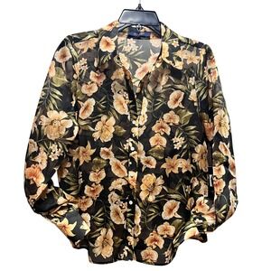 Black Floral Sheer Long Sleeve Button Up Metallic Blouse Top Womens S Rachel Roy
